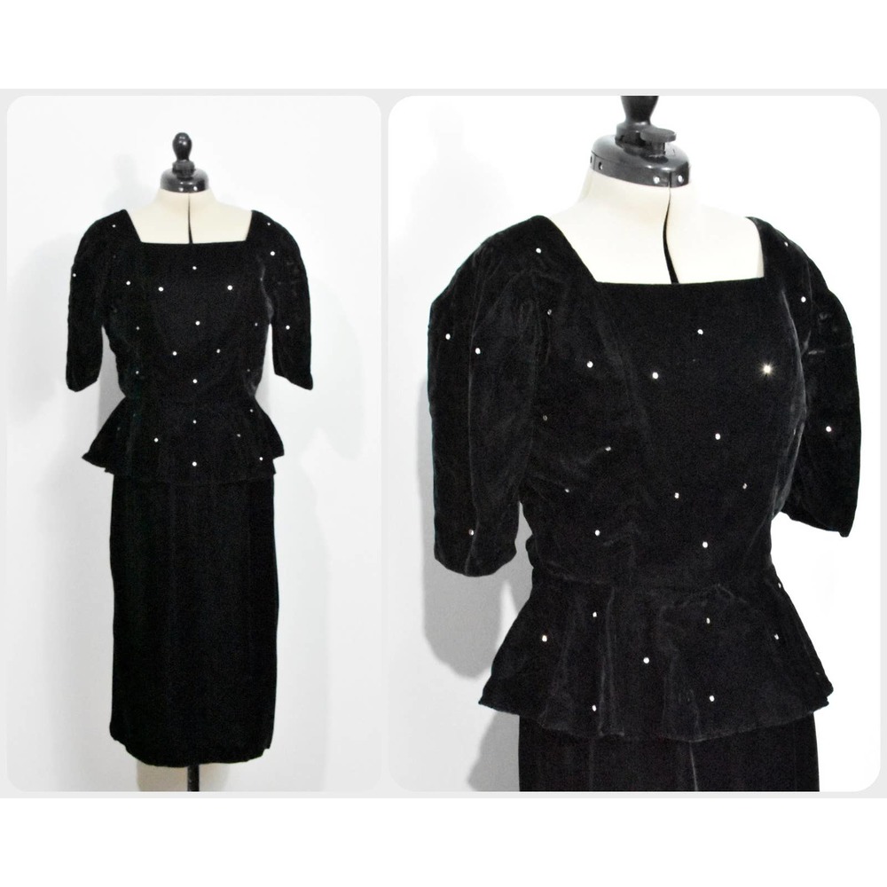 Positive Influence Black Velvet Peplum Rhinestone Dress